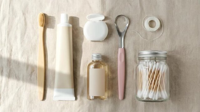 Various personal care products for daily dental health routines including a toothbrush, toothpaste, dental floss, tongue cleaner, mouthwash, and cotton swabs