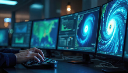 Obraz premium Meteorologist studies hurricane on computer screens. Scientist analyzes storm data, weather map and atmospheric patterns. Professional monitors cyclone tracking on multiple monitors.