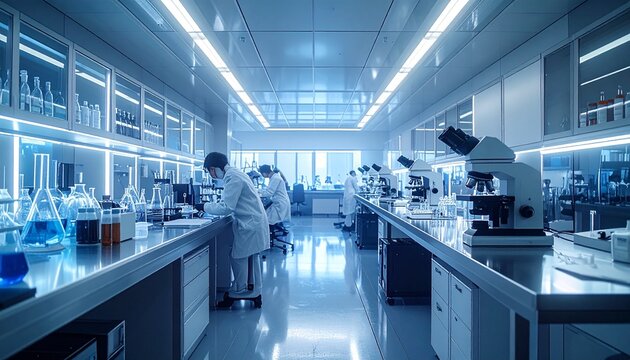 Nanotechnology research lab with scientists operating microscopes and atomic force instruments. Semi-realistic scene emphasizing precision, innovation, and advanced scientific discovery.
