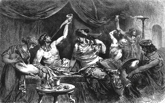 Bacchanalia during the time of Messalina, lively Roman banquet scene with elegantly dressed figures toasting, draped curtains and ornate vessels, old vintage illustration, 1880.