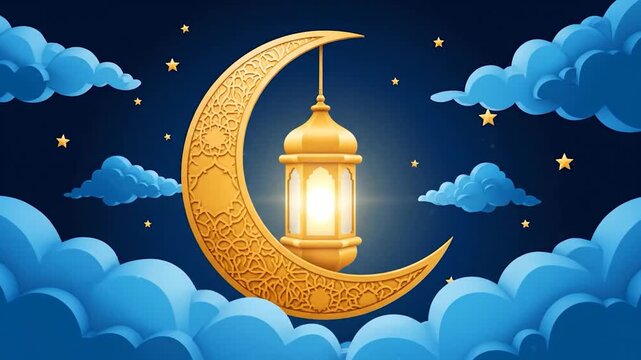 A crescent moon, golden lantern, stars, and clouds on a dark blue backdrop