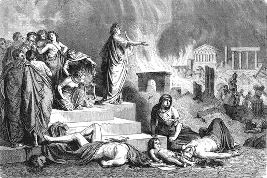 Nero during the fire of Rome, people fleeing and lamenting amidst a burning Roman city with ruins and chaos, old vintage illustration, 1880.