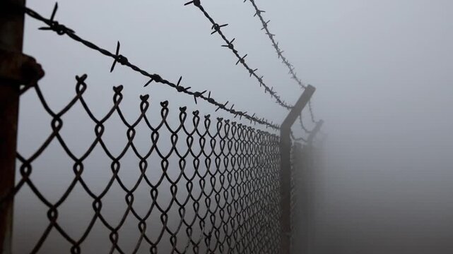 A foreboding chain-link fence topped with sharp barbed wire stretches into the distance, partially obscured by a dense, atmospheric fog. The heavy mist creates a desolate and mysterious mood, emphasiz
