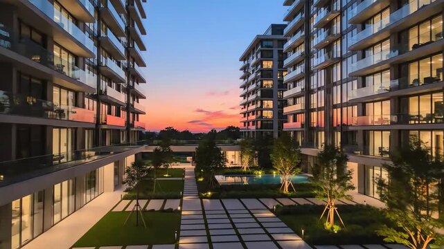 Modern apartment complex with sleek design and large windows, illuminated at sunset. The buildings are surrounded by well maintained greenery and pathways. 4k resolution video 30fps.