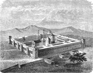Palace of Diocletian at Salona, reconstructed ancient temple complex with multiple domes and towers against a mountainous backdrop, old vintage illustration, 1880.