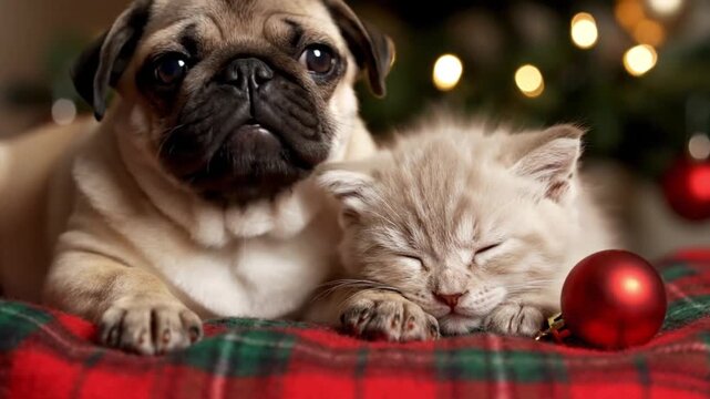 A heartwarming and tender moment unfolds as a charming pug dog lies peacefully beside a small, sleeping kitten on a cozy red and green plaid blanket. The pug gazes softly with wide, attentive eyes, wh