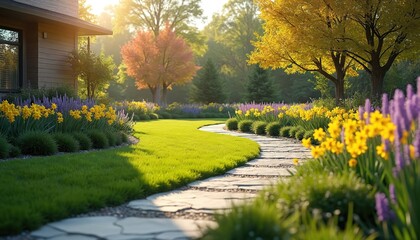 Obraz premium Beautiful garden path winds through blooming daffodils, lavender plants near modern house. Green grass surrounds vibrant flowerbeds under sunny sky. Trees add shade to tranquil outdoor scene.