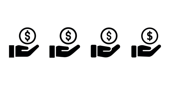 Set of human hands holding dollar coin icon symbols in flat black style for financial business concepts banking services and investment growth graphics