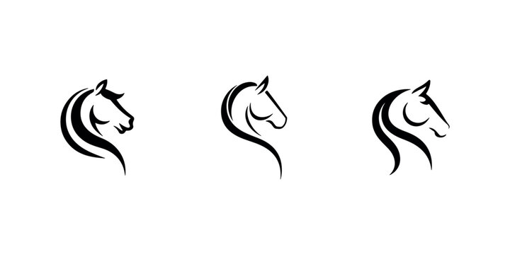 Horse head profile silhouettes with elegant flowing mane for equestrian sport and stallion breeding or animal mascot logo design isolated on white background