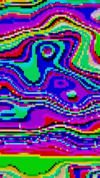 4K looping glitch pattern in neon colors. Retro 80s, cyberpunk style, pixelated distortion, fluid waves. Digital art, motion graphics, retro futuristic visuals, album covers designs, summer themes