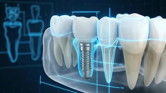 Dental implant blueprint showing crown, abutment, and screw anchored in jawbone with gum overlay on illuminated grid background &mdash; precise, medical 3d rendering for dentistry
