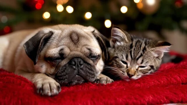 A heartwarming scene unfolds as an adorable pug puppy and a striped tabby kitten peacefully sleep side-by-side on a plush red blanket. Their shared nap highlights themes of unlikely friendship, warmth