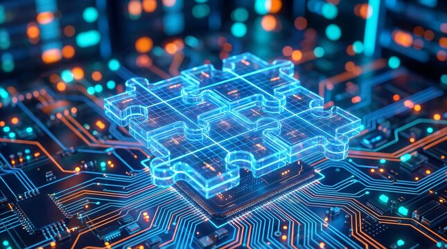 Puzzle pieces forming a complete unit on a circuit board representing technological integration