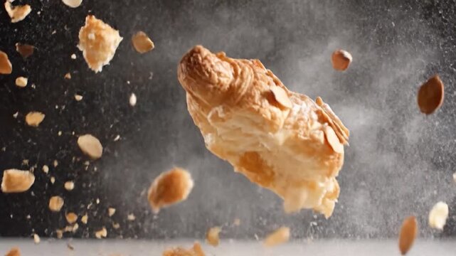 A croissant breaks apart with almonds and powder flying, captured in dynamic motion
