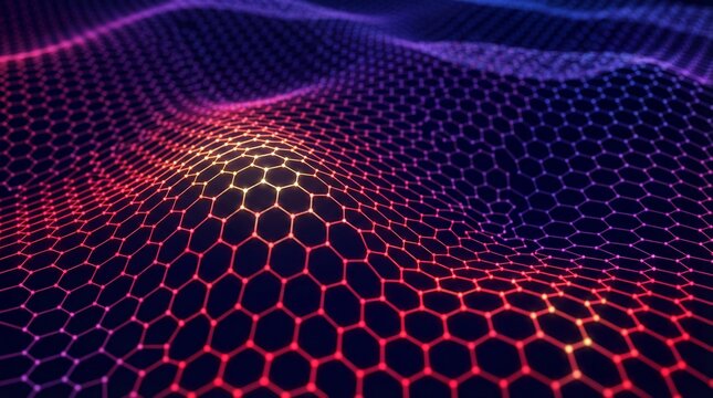 Abstract futuristic polygonal mesh wave with glowing red and purple neon light effects