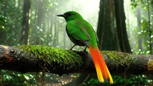 A magnificent, exotic green bird with striking, long orange and yellow tail feathers is captured in a serene close-up, perched gracefully on a moss-covered, wet tree branch. The lush, vibrant green of