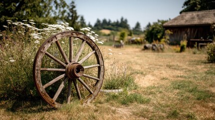 Fototapeta premium Old wagon wheel in a field with flowers landscape and sunny day