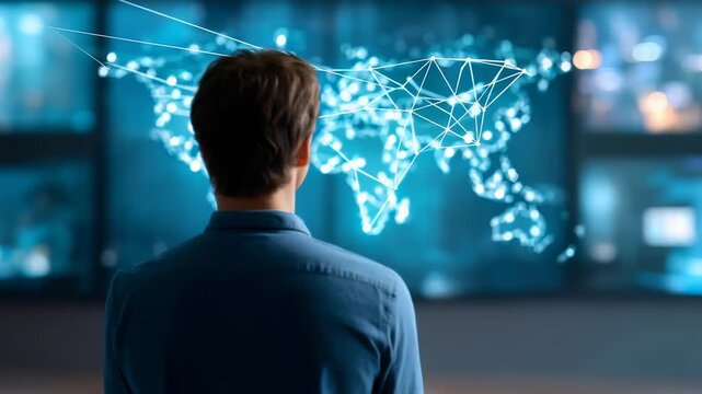A man stands in front of a large digital screen displaying a futuristic world map with glowing network connections. Technology and innovation drive the modern digital landscape