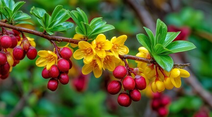 Obraz premium Exotic Flower and Berries A vibrant close-up captures a branch adorned with striking yellow flowers and luscious red berries, showcasing the intricate details of nature's design.