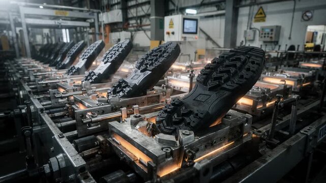 Work boot rubber outsole molding line with heated molds on a conveyor showcasing heavyduty tread design for industrial safety footwear.