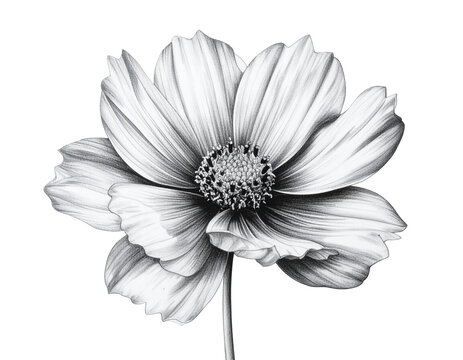 Illustration of a monochrome poppy flower with detailed petal texture and central disc