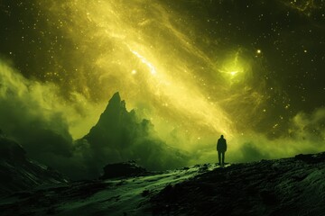 Fototapeta premium Person standing on rocky terrain under a vivid green cosmic sky at night