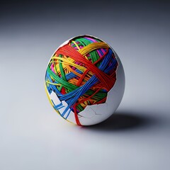 Obraz premium Fragile representation of mental state using an isolated cracked eggshell covered partly by a tangle of bright colorful threads on a plain surface, pressure, exposed, overhead