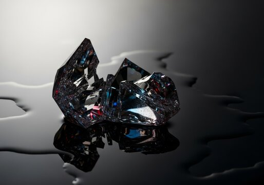 Broken crystal object on a wet surface reflecting muted light, symbolizing deep, hidden emotional pain and internalized distress, hidden, dark, glass