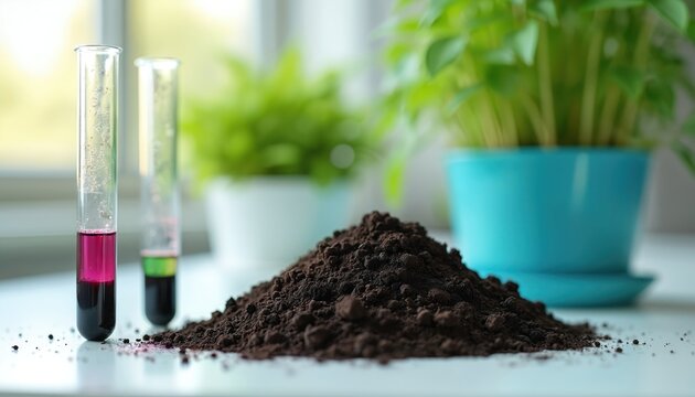 Soil sample in lab with test tubes showing colorful liquids. Plants grow in pots nearby, suggesting research on soil quality and plant health for agriculture or ecology.