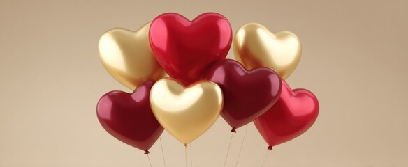 Fototapeta premium a whimsical bouquet of heart-shaped balloons in vibrant red and gold hues