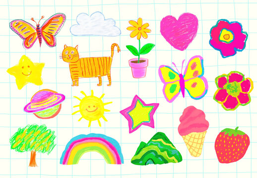 Colorful Doodles On Grid Paper Element Design Set