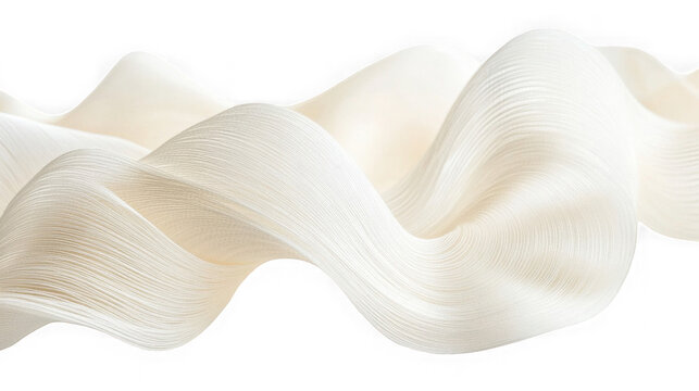 Abstract undulating layers of fine off white fibrous material flow smoothly across a dark space on transparent background