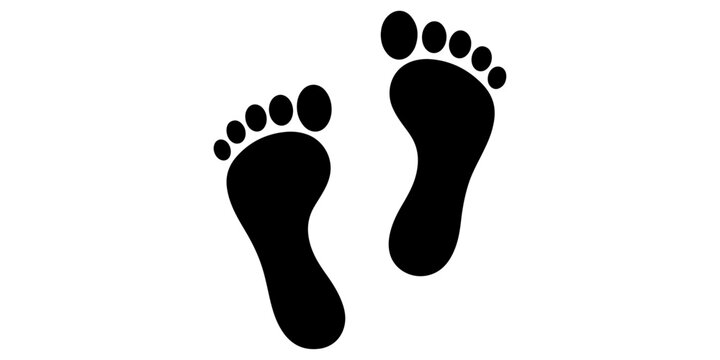 Black silhouette vector illustration of human barefoot footprints and feet tracks with toe imprints as a symbolic walking step trace on a white background