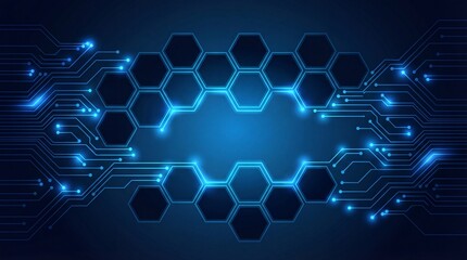 Fototapeta premium Neon blue circuit board design with glowing hexagonal patterns symbolizing high tech innovation