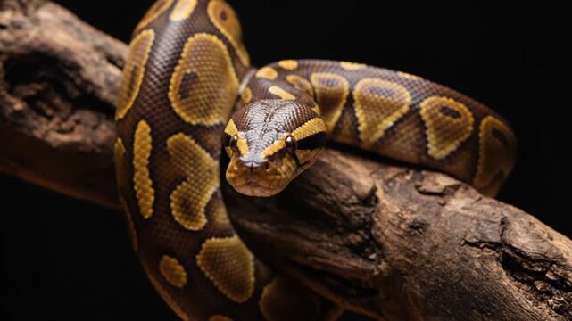 A majestic serpent, coiled gracefully around a gnarled piece of wood, holds a steady gaze against a stark black background. Its intricate scales display a stunning pattern of earthy browns and vibrant