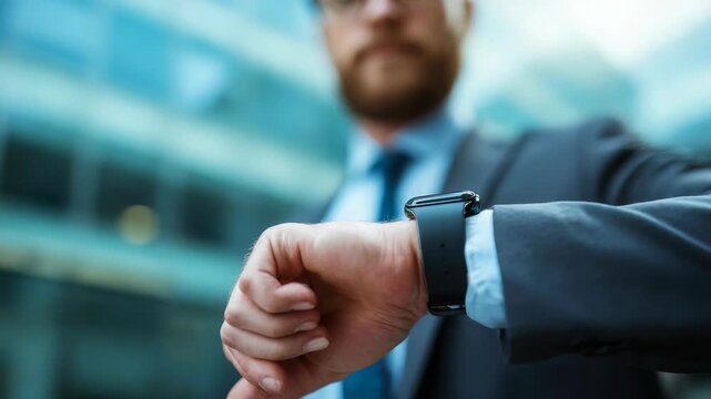 Businessman in a suit checking the time on his smartwatch outdoors, symbolizing punctuality and modern technology. Focus on the wrist and watch, blurred background