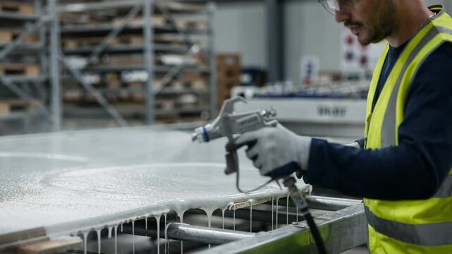 Medium shot of a worker spraying waterbased adhesive onto flat surfaces demonstrating precise application with controlled nozzle spray in an industrial setting.