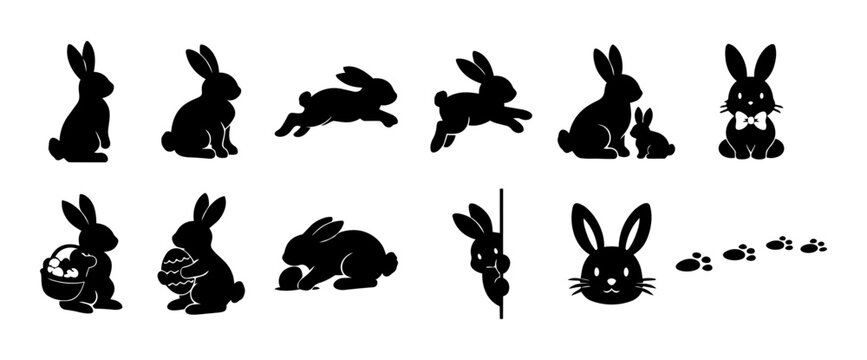 Easter Bunny Silhouette Icon Set in Black and White