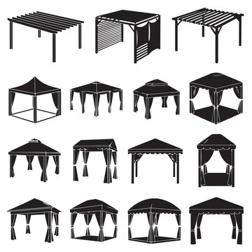 Patio gazebo icon collection. Includes various gazebo styles and structures. Created in black line style with simple design.