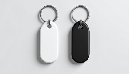 Fototapeta premium Minimal oval keychain mockup in black and white color with metal ring. Clean isolated product template for branding, logo placement, merchandise design, and promotional accessories.
