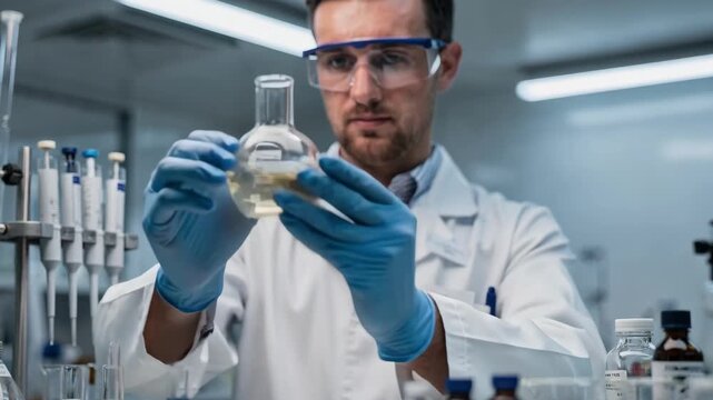 Medium shot of a researcher swirling a cloudy nanoemulsion solution in a lab emphasizing texture variations and innovative emulsifier technology for stable flavors.