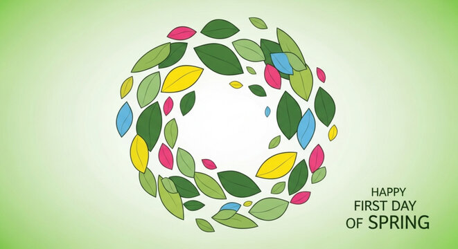 Colorful leaves wreath with happy first day of spring text on green background