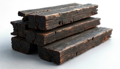 Stack of aged, weathered wooden railway sleepers. Rough, dark brown timber shows heavy grain, visible cracks. Railroad ties for construction or rustic decor.
