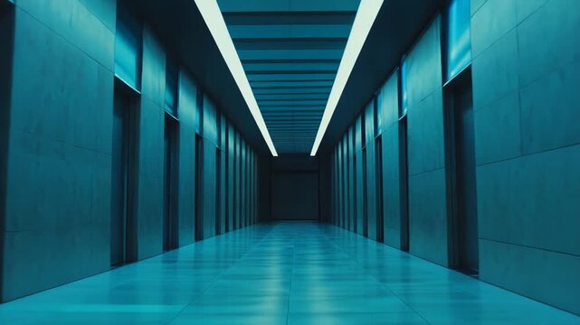 Long futuristic corridor bathed in cool blue light features a symmetrical design, leading into the distance with linear accents and a reflective tiled floor, evoking sci fi and technology concepts