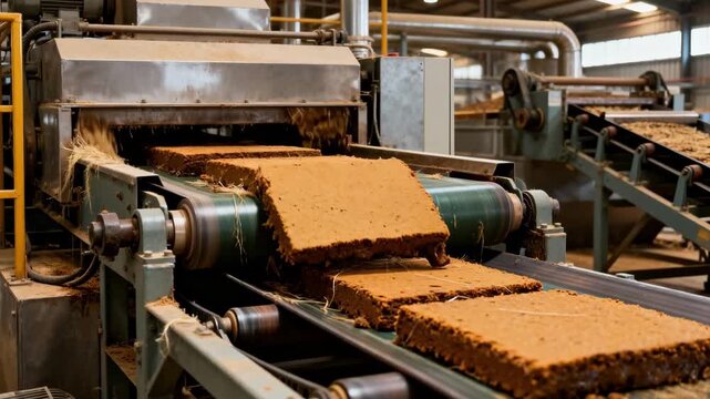 Close medium shot capturing the interface of conveyors carrying moist cake and fiber through semiopen factory settings highlighting integrated processing flows.