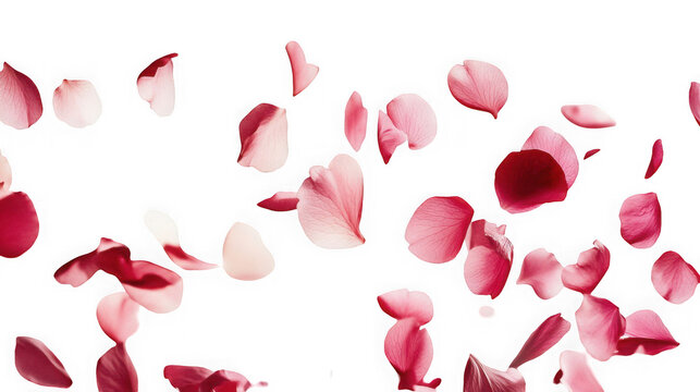 Beautiful pink and deep red rose petals scattering downwards in a gentle romantic cascade on transparent background