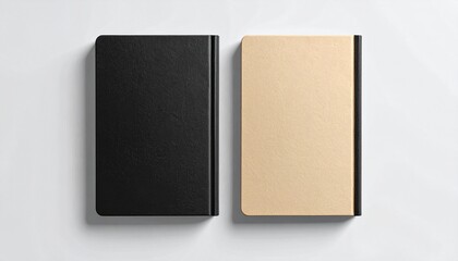 Fototapeta premium Top view spiral notebook mockup featuring beige and black covers on a clean minimal background. Ideal for branding presentation, stationery design, education themes, and product mockups.