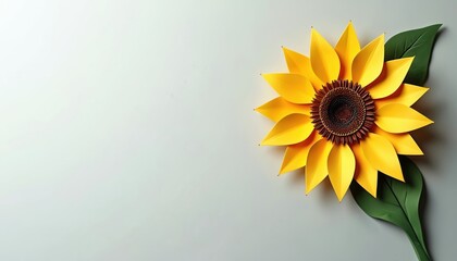 Handmade paper sunflower with geometric petals. Bright yellow flower with green leaves on plain background. Craft art, simple design, detailed construction.