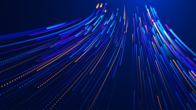 Abstract Digital Data Flow Vector Background. Big Data Technology Lines. 5G Wireless Fast Data Transmission. High Speed of Fiber Optics Light Trails. Information Flow in Virtual Reality Cyberspace.