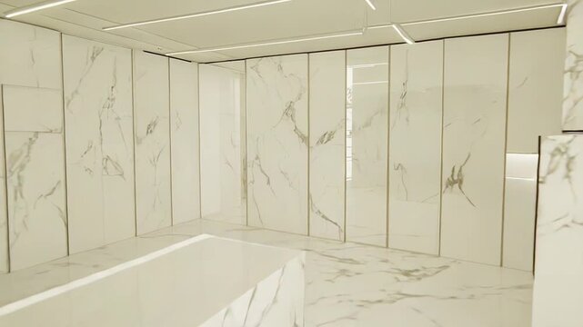 Clean, modern interior of a luxury retail showroom featuring white marble floors and wall panels, a central counter, and discreet minimalist lighting creating a sophisticated ambiance